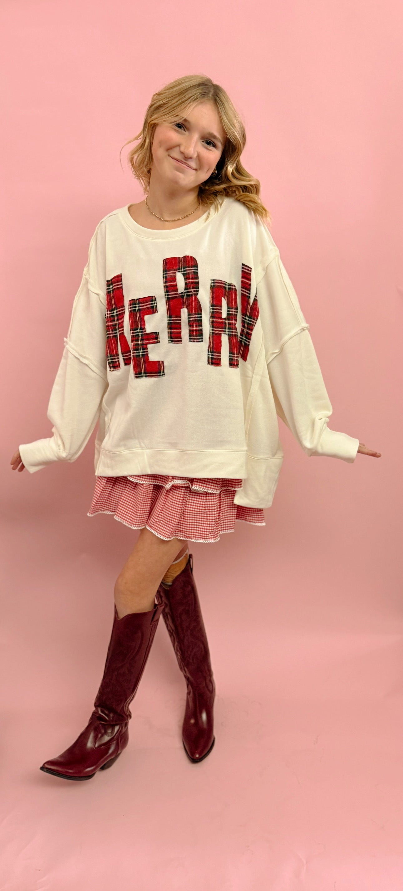 Christmas Plaid Merry Lettering Fleece Sweatshirt