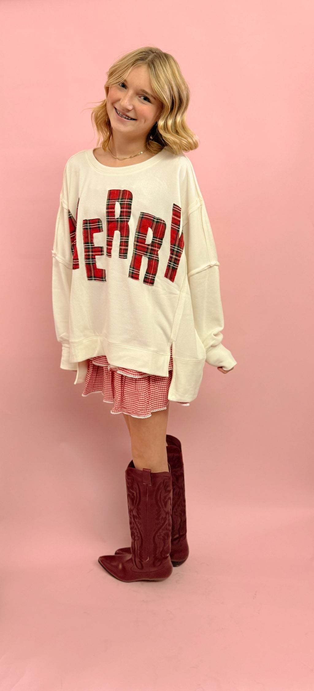 Christmas Plaid Merry Lettering Fleece Sweatshirt