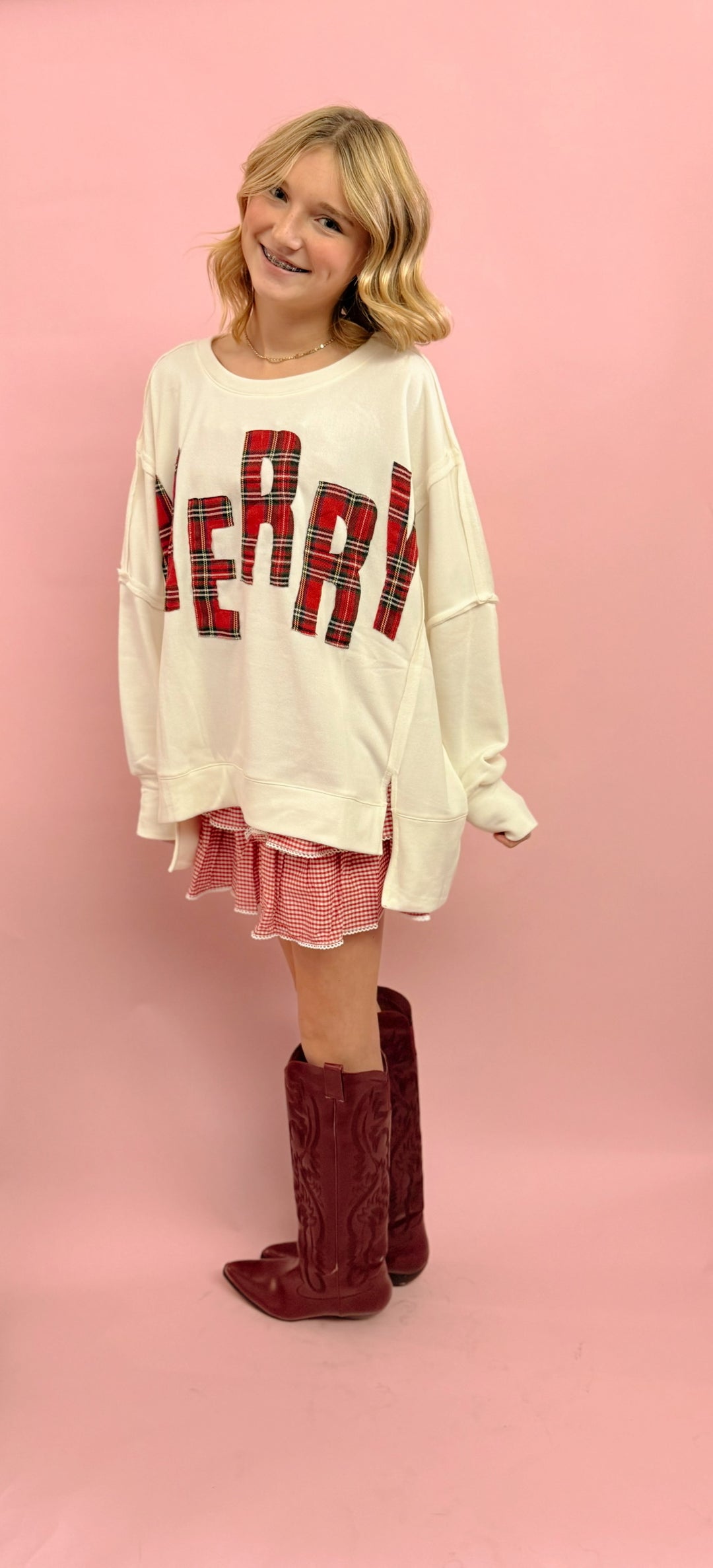 Christmas Plaid Merry Lettering Fleece Sweatshirt