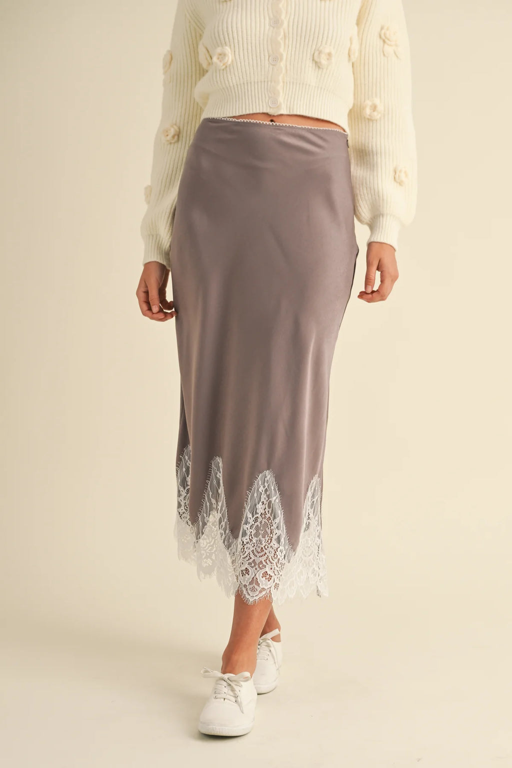 Gisele Scallop Lace Trimmed Satin Midi Skirt