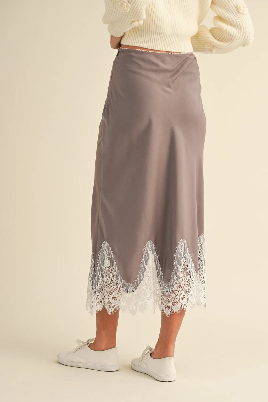 Gisele Scallop Lace Trimmed Satin Midi Skirt