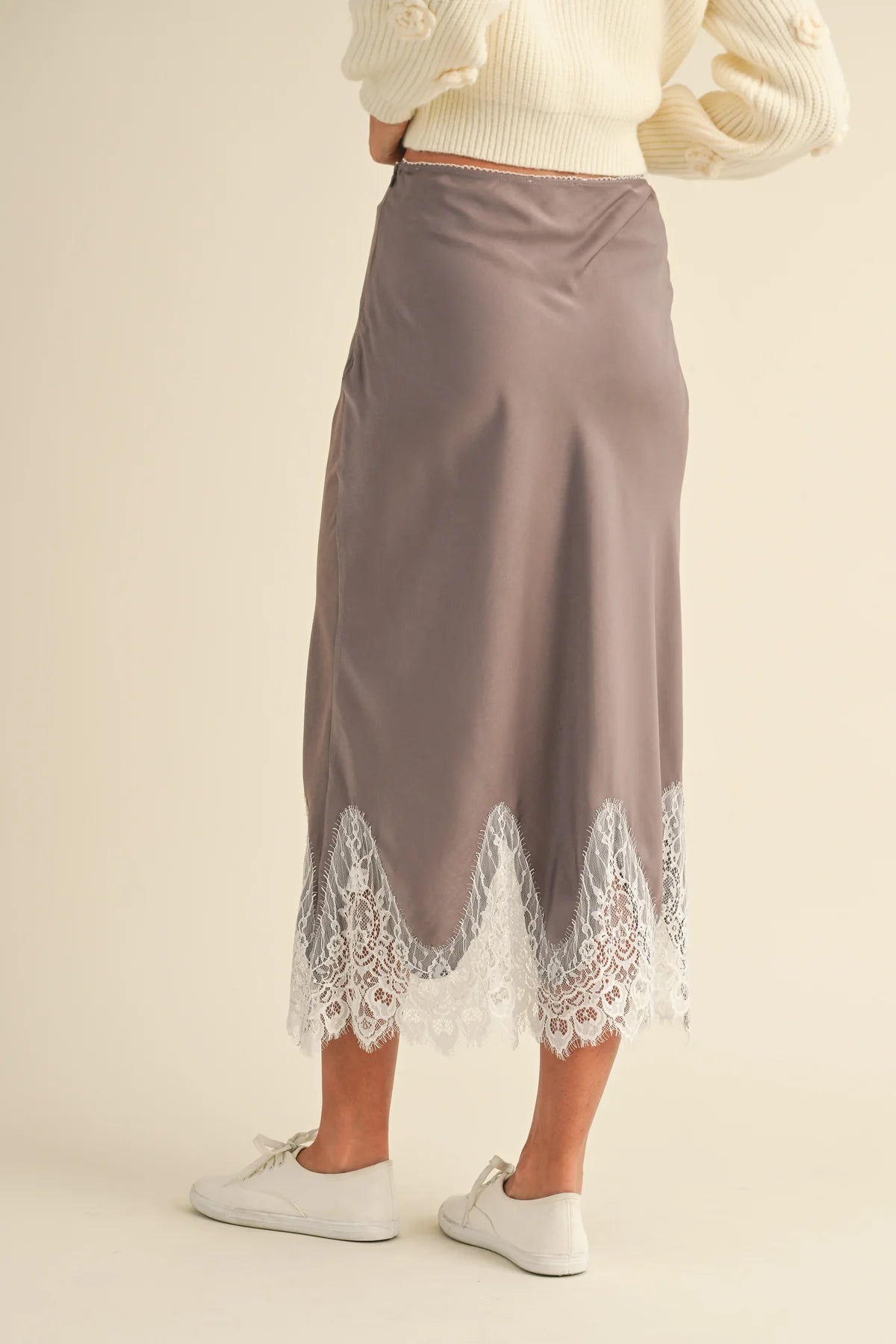 Gisele Scallop Lace Trimmed Satin Midi Skirt
