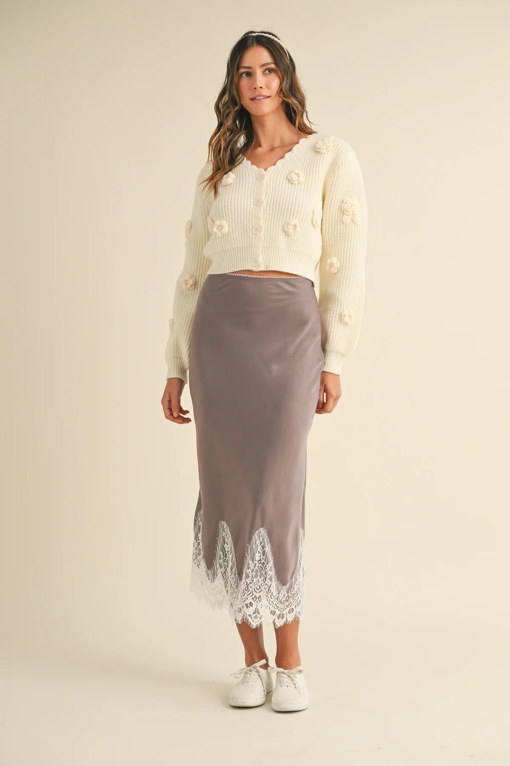 Gisele Scallop Lace Trimmed Satin Midi Skirt