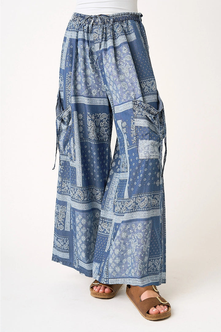 Blue patterned pants on a white background