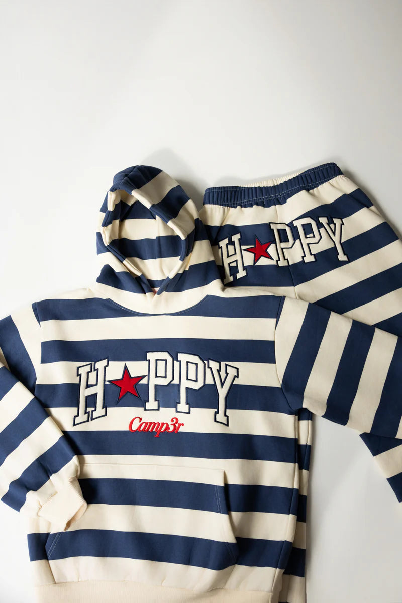 Striped hoodie with 'Happy Campers' text and red star on a white background