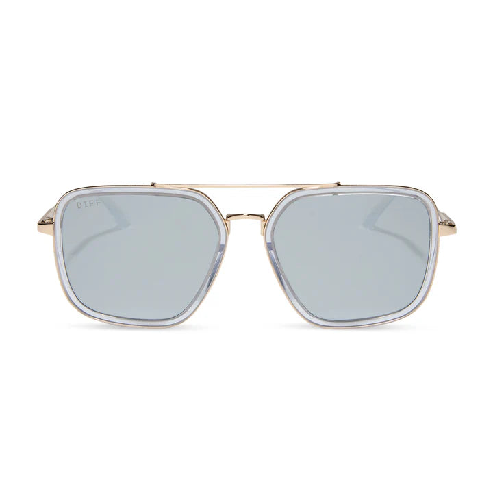 Gold-framed sunglasses with blue-tinted lenses on a white background