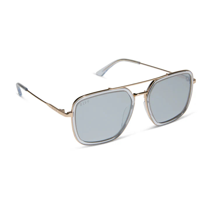 Sunglasses with gold frame and clear lenses on a white background