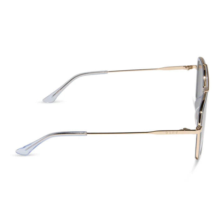 Close-up of a pair of sunglasses with gold frames on a white background