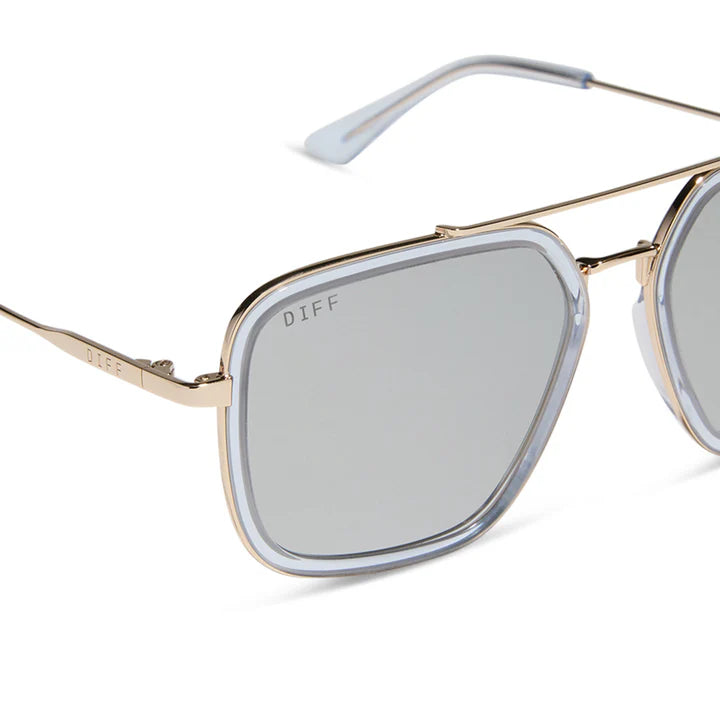 Gold-framed sunglasses with silver reflective lenses on a white background