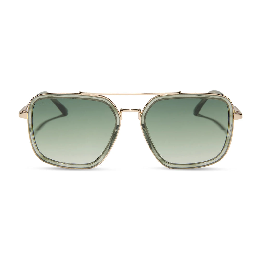 Gold-framed sunglasses with green gradient lenses on a white background