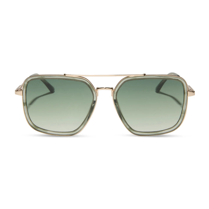 Gold-framed sunglasses with green gradient lenses on a white background