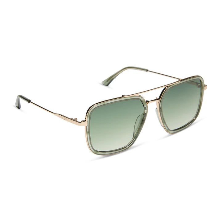 Gold-framed sunglasses with green-tinted lenses on a white background