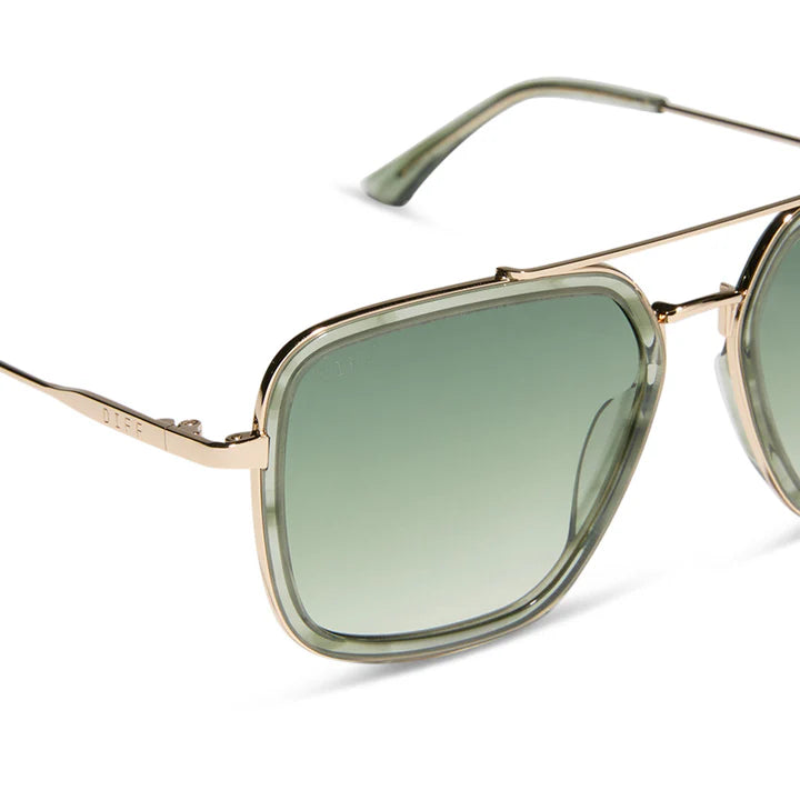 Sunglasses with gold frame and green gradient lenses on a white background