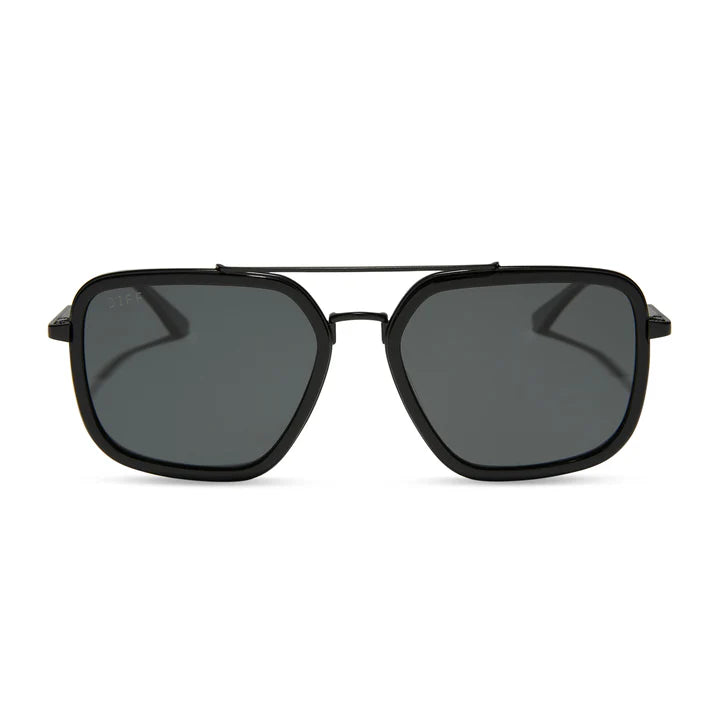 Black sunglasses with grey lenses on white background