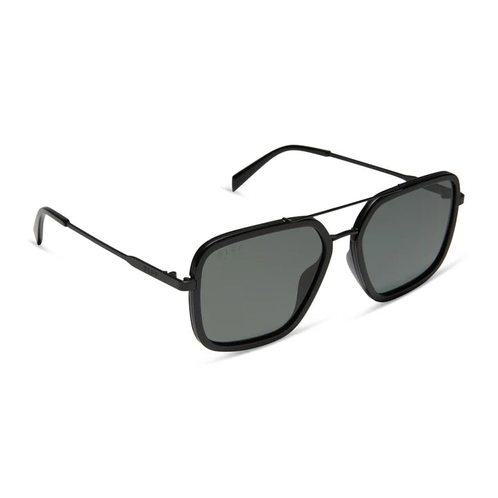 Black sunglasses with dark lenses on a white background