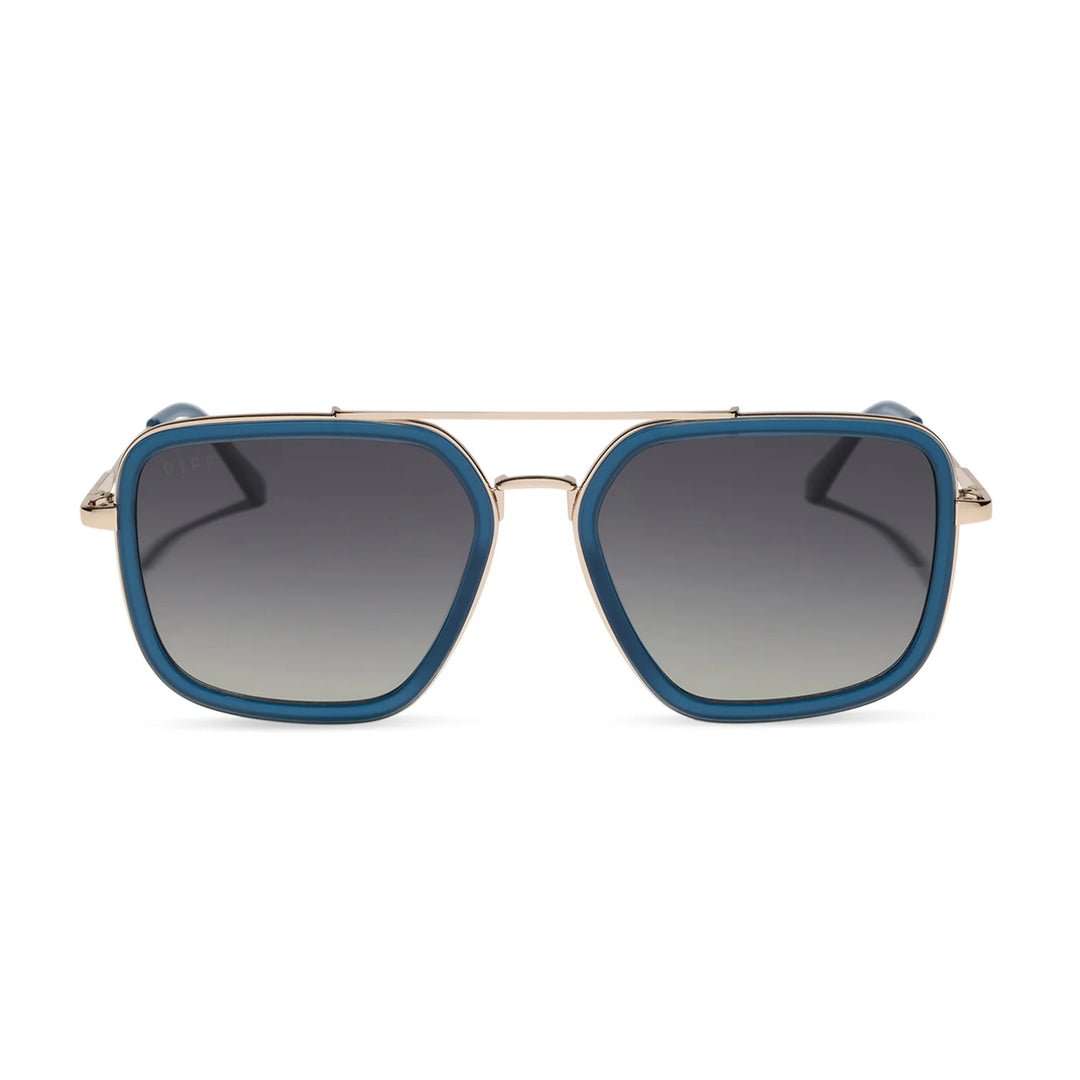 Sunglasses with blue frames and gradient lenses on a white background