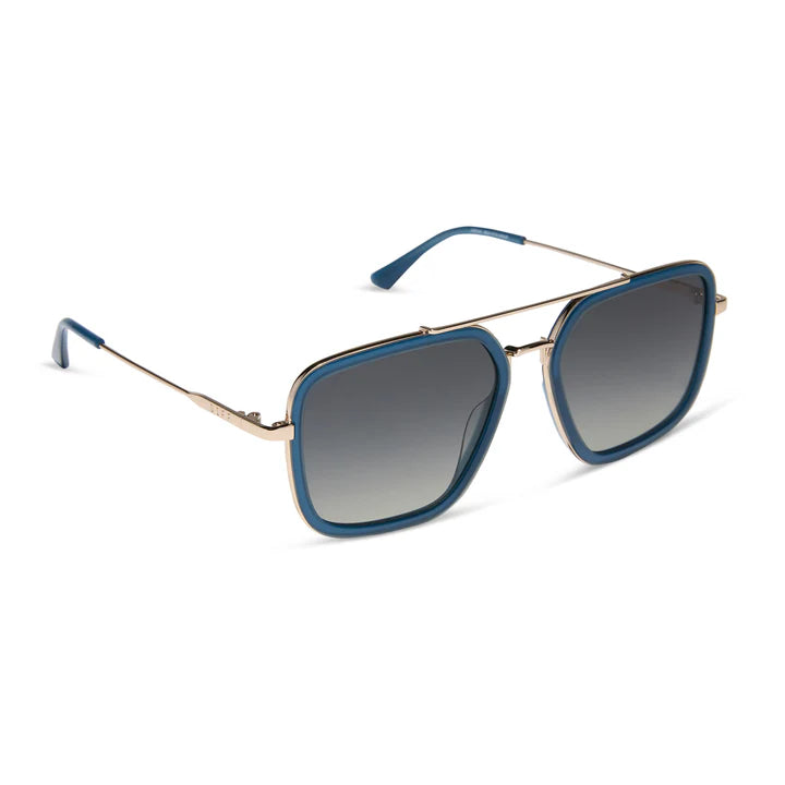Sunglasses with blue frames and gradient lenses on a white background