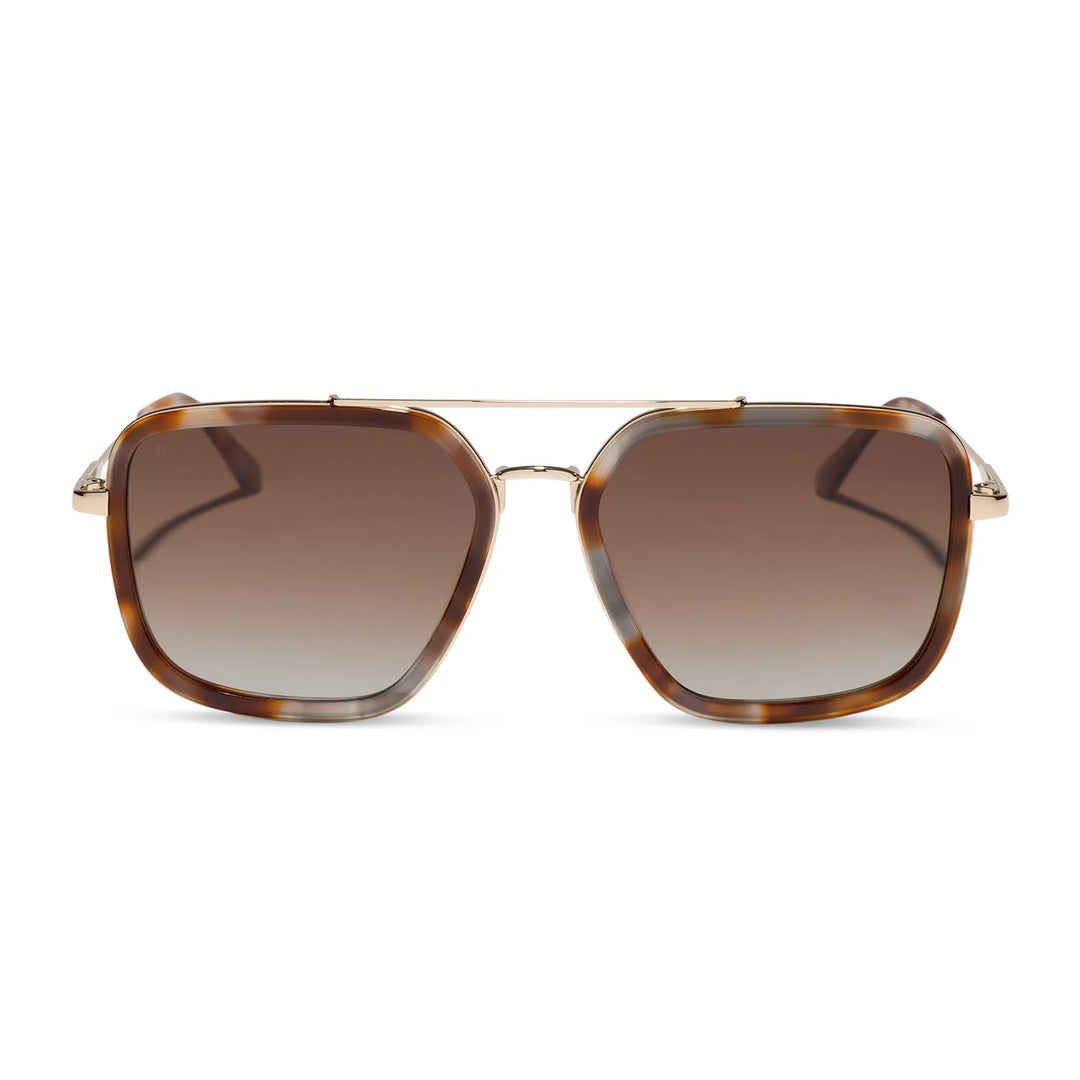 A pair of square aviator-style sunglasses with a brown tortoiseshell acetate frame, gold metal rims, and brown gradient lenses, shown against a plain white background.