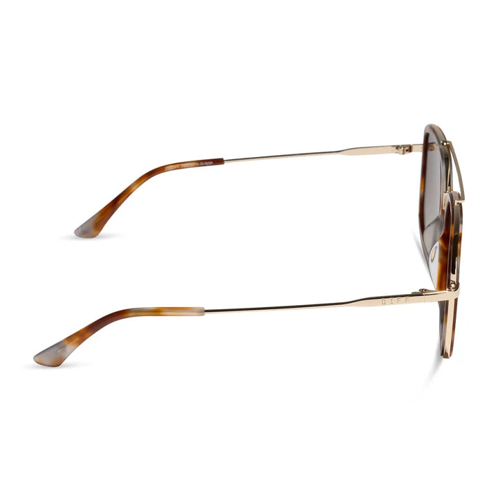 Sunglasses with tortoiseshell frame and reflective lenses on a white background