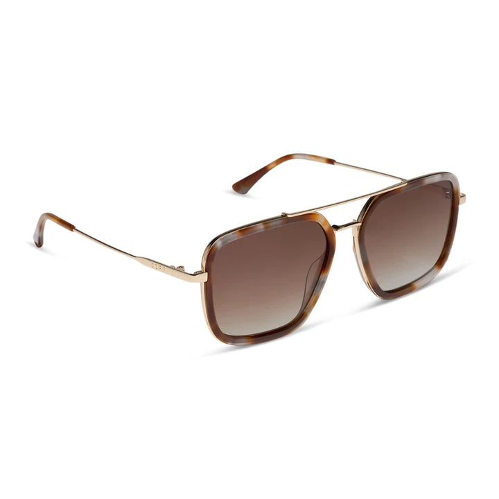 Sunglasses with tortoiseshell frame and brown gradient lenses on a white background
