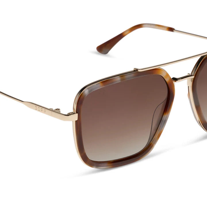 Sunglasses with tortoiseshell frame and brown gradient lenses on a white background
