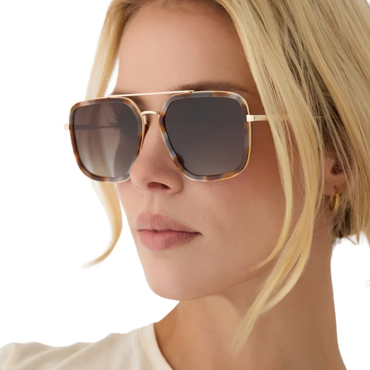 A close-up of a woman wearing square aviator-style sunglasses with tortoiseshell frames and dark lenses against a bright white background.