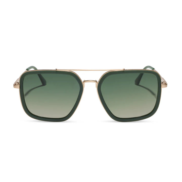 Sunglasses with gold frame and green lenses on a white background