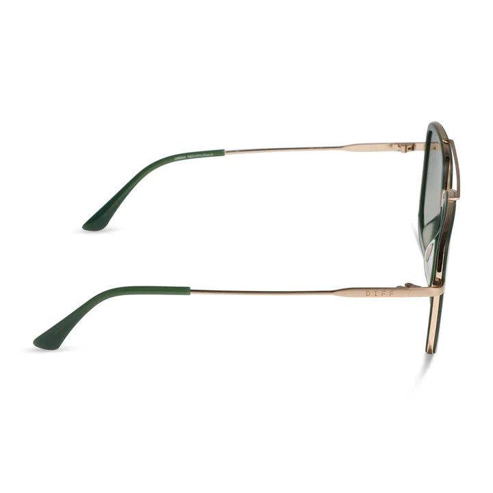 Sunglasses with green and gold frame on a white background