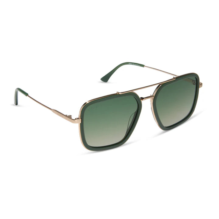 Sunglasses with gold frame and green gradient lenses on a white background