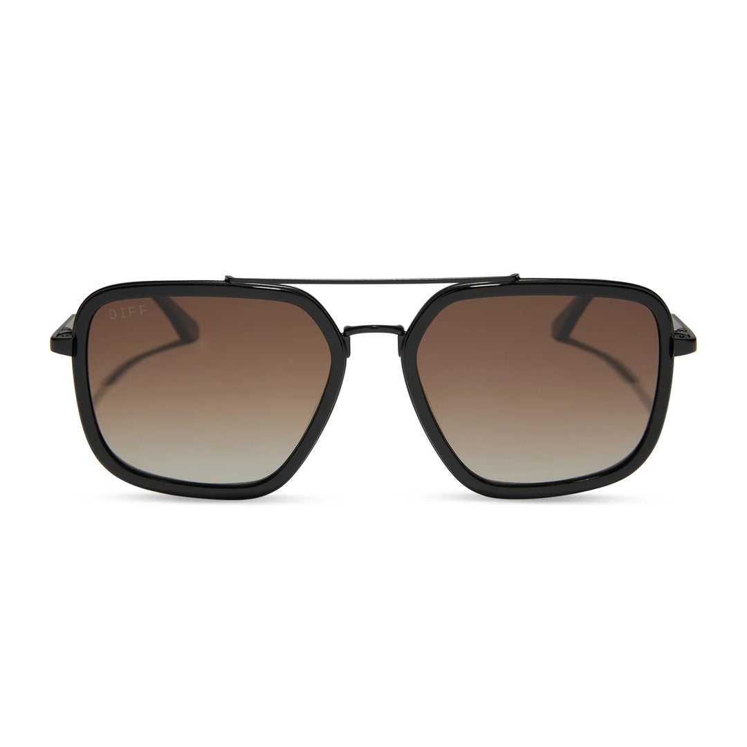 Sunglasses with black frame and gradient lenses on a white background