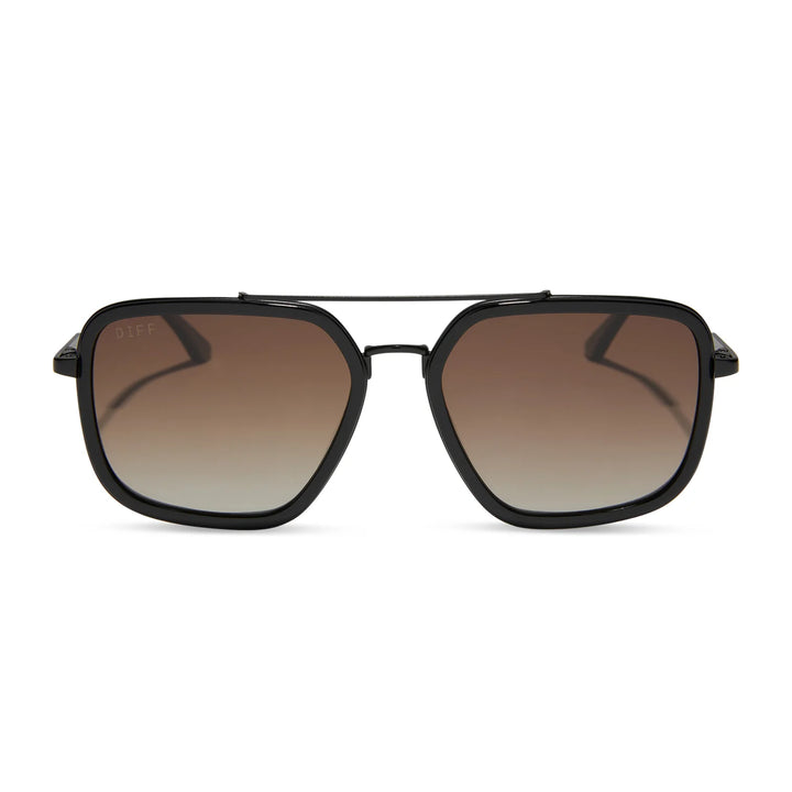Sunglasses with black frame and gradient lenses on a white background