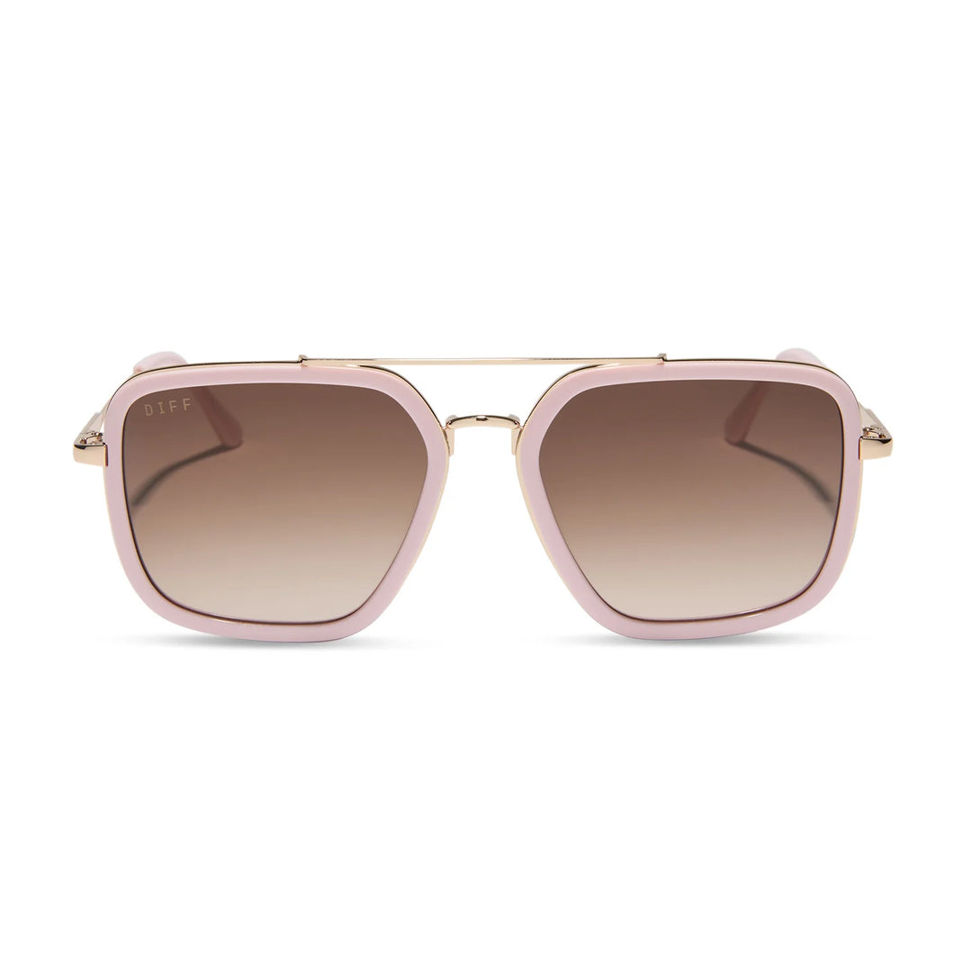 Pink sunglasses with brown gradient lenses on white background