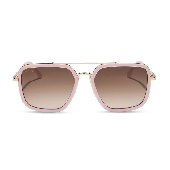 Pink sunglasses with brown gradient lenses on white background