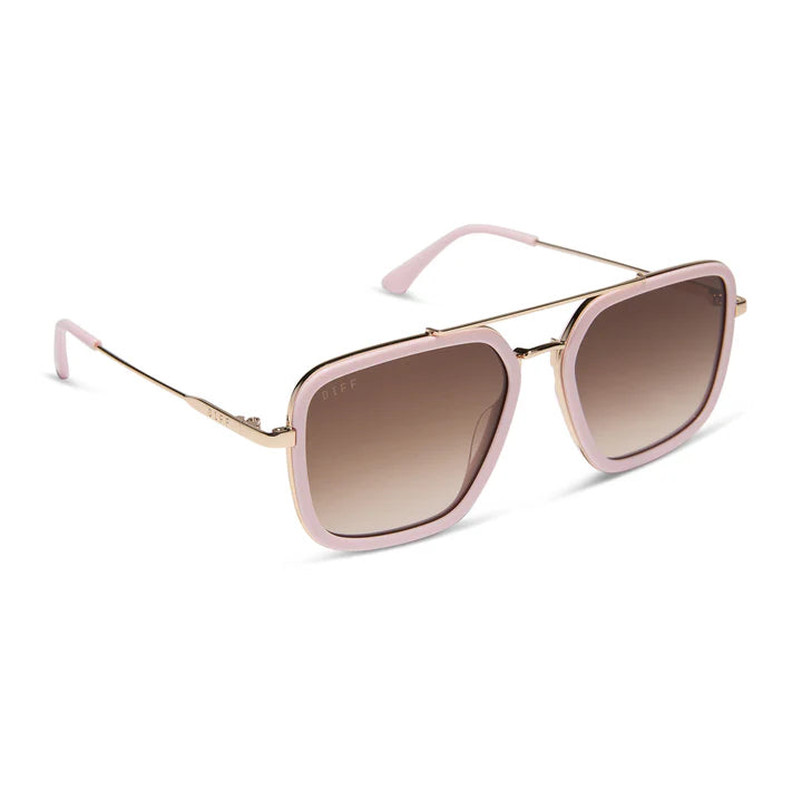 Sunglasses with pink frame and gradient lenses on a white background