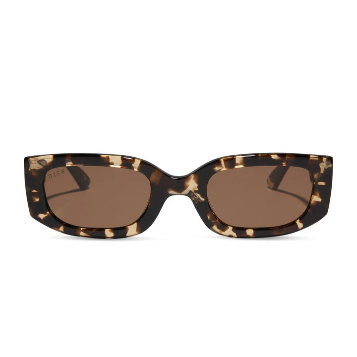 Sunglasses with tortoiseshell frame and brown lenses on a white background