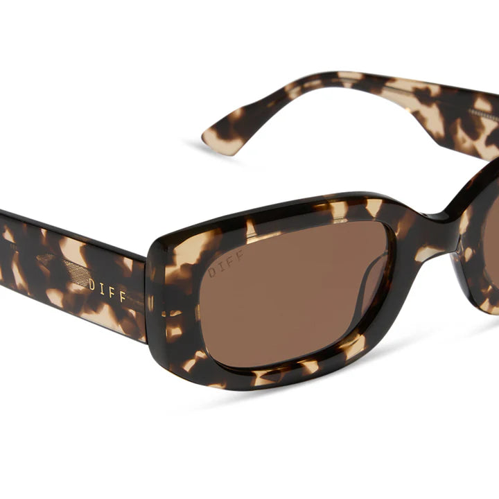 Sunglasses with tortoiseshell frame and brown lens on a white background