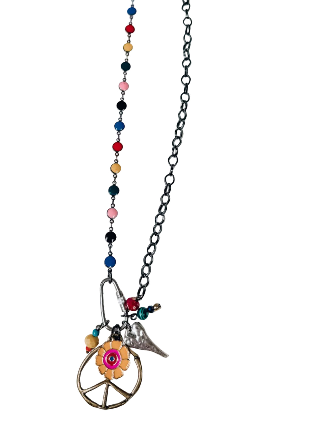 Chain necklace with multiple colorful charms on white background