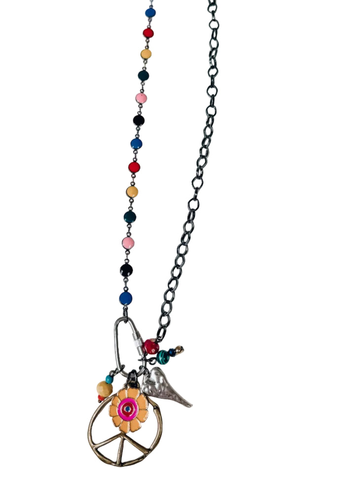 Chain necklace with multiple colorful charms on white background
