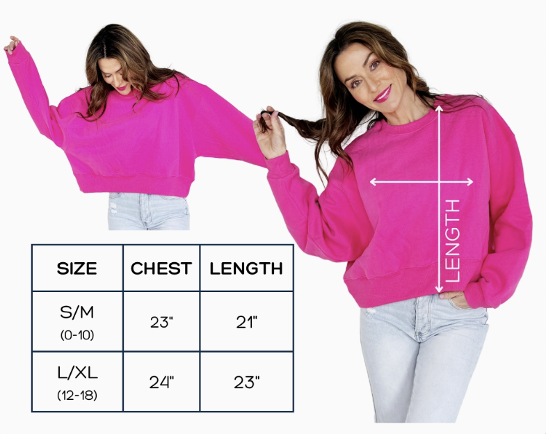 Sizing chart for cropped sweatshirt