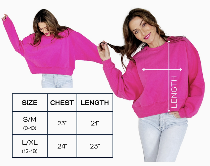 Sizing chart for cropped sweatshirt