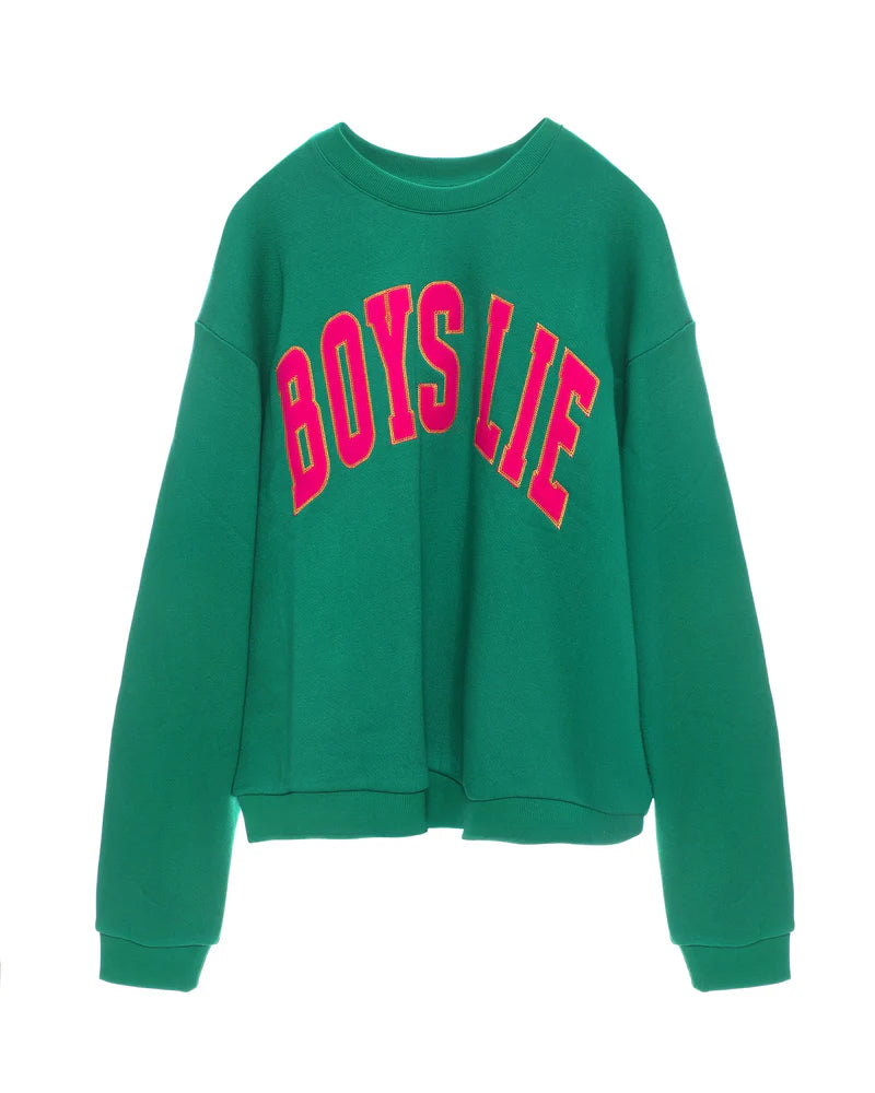 Green sweatshirt with hot pink 'BOYS LIE' on front on plain background