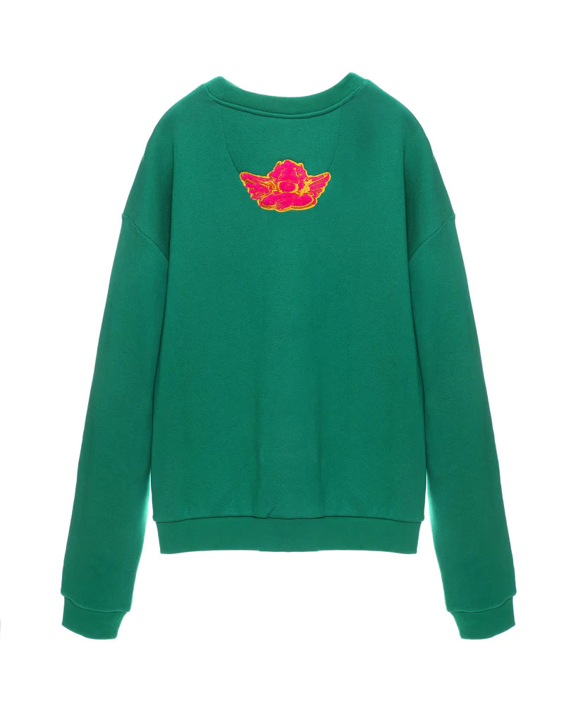 Green sweatshirt with hot pink cherub on plain background