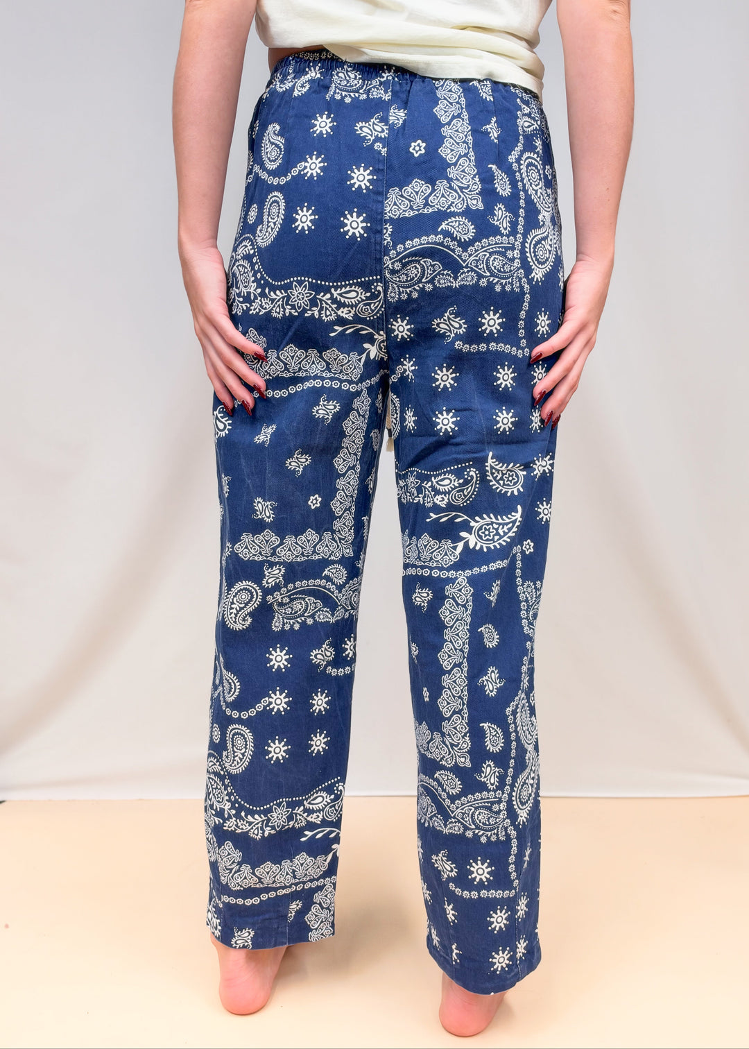 Woman shown from back view waist down wearing blue paisley pull on pants on plain background