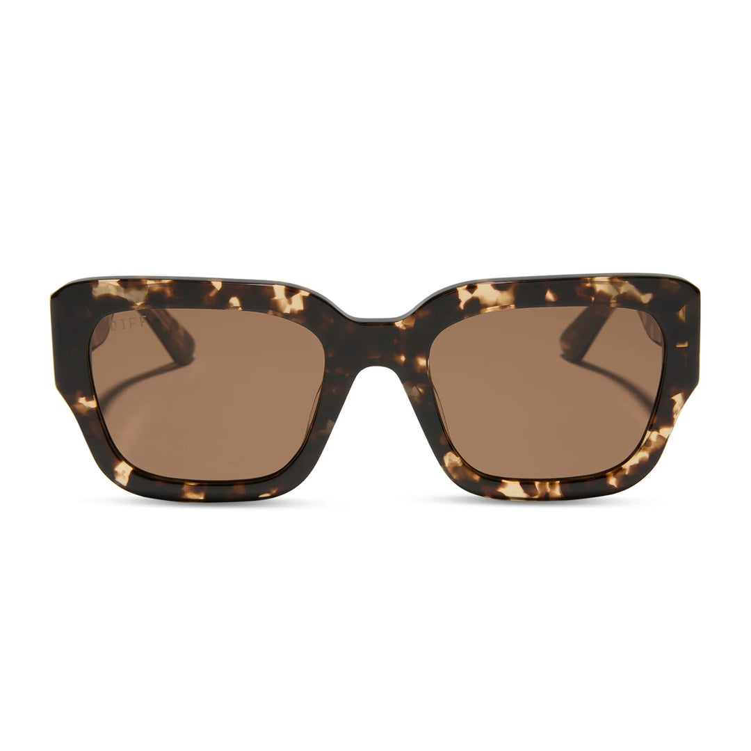 Sunglasses with tortoiseshell frame and brown lenses on a white background