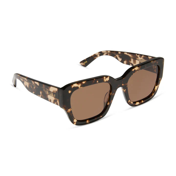 Sunglasses with tortoiseshell frame and brown lenses on a white background