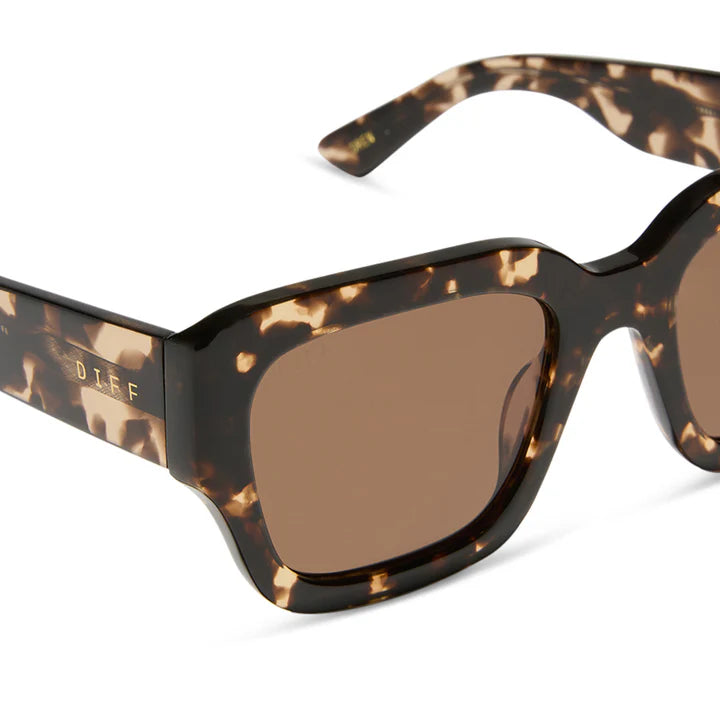 Sunglasses with tortoiseshell frame and brown lenses on a white background