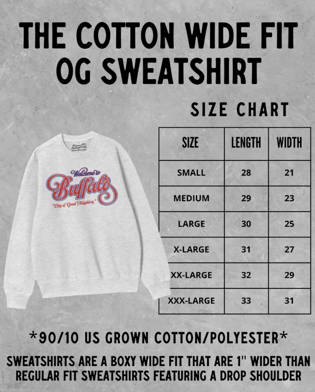 Sweatshirt size chart with brand logo on a gray background