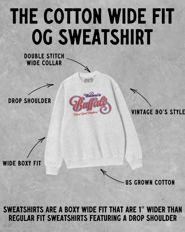 White sweatshirt with red text on a gray background, featuring text describing the sweatshirt&