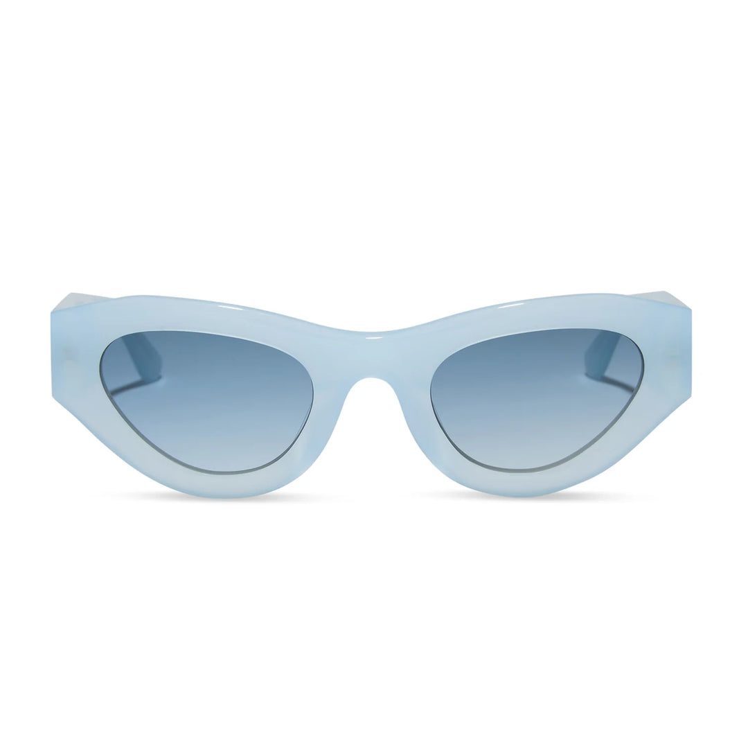 Light blue cat-eye sunglasses with gradient blue lenses, shown against a plain white background.