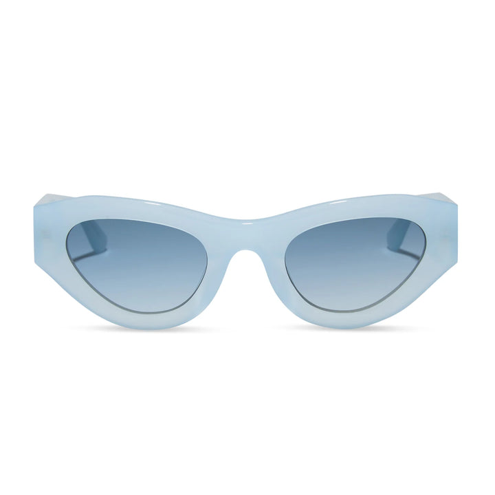 Light blue cat-eye sunglasses with gradient blue lenses, shown against a plain white background.